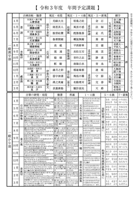 2021年全書芸書道学習年間課題