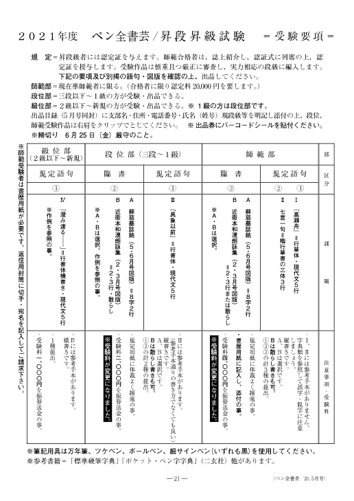 2021年度全書芸ペン字部昇段級試験受験要項