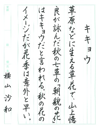 【第72回全国書道コンクール】書き方・ペン字最優秀大賞優秀作品　中学2年　横山　沙和