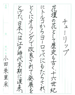 【第72回全国書道コンクール】書き方・ペン字優秀賞第3席優秀作品　中学3年　小田朱里采